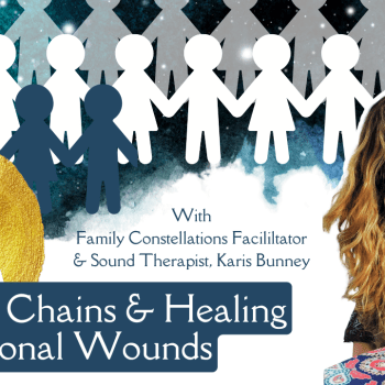 Rows of Paper chain people simulating the exponential doubling of generations traced back in a family tree. The current generatiobbak figure is surrounded by gold which indicates the knowledge and healing family constellation therapy can give. A picture on the right is Karis Bunney who is a family constellations facilitator.