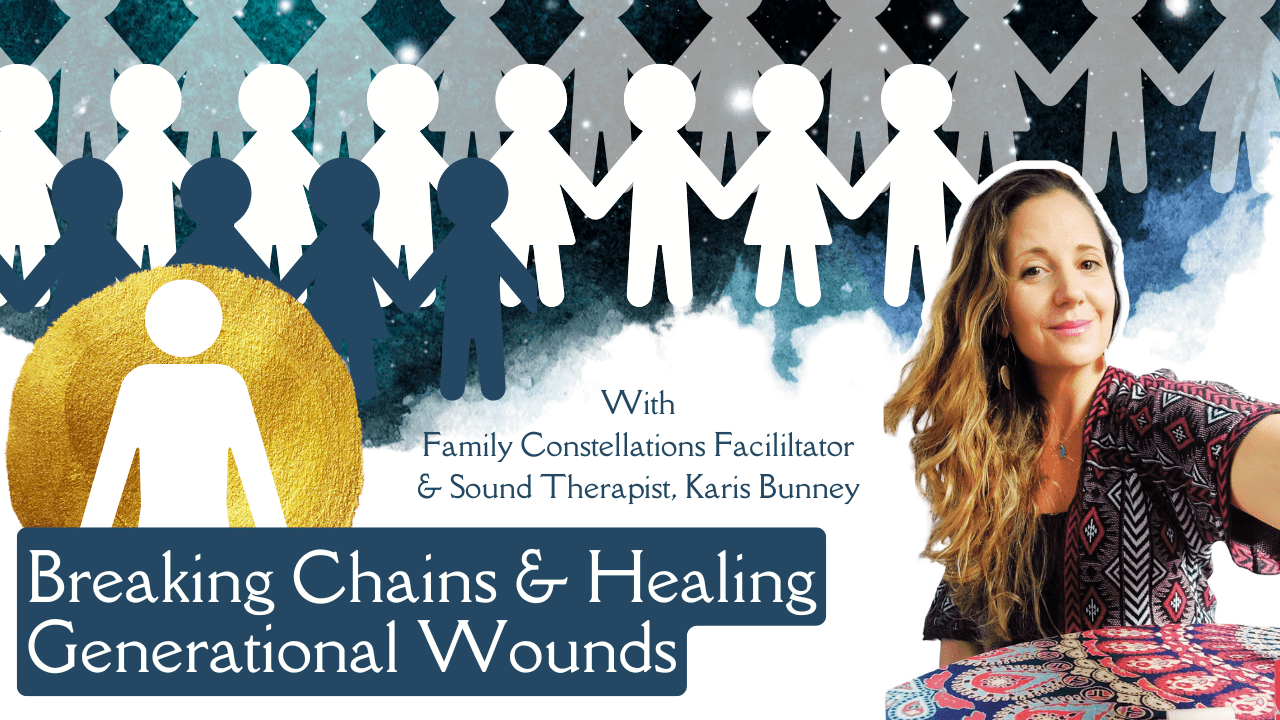 Rows of Paper chain people simulating the exponential doubling of generations traced back in a family tree. The current generatiobbak figure is surrounded by gold which indicates the knowledge and healing family constellation therapy can give. A picture on the right is Karis Bunney who is a family constellations facilitator.